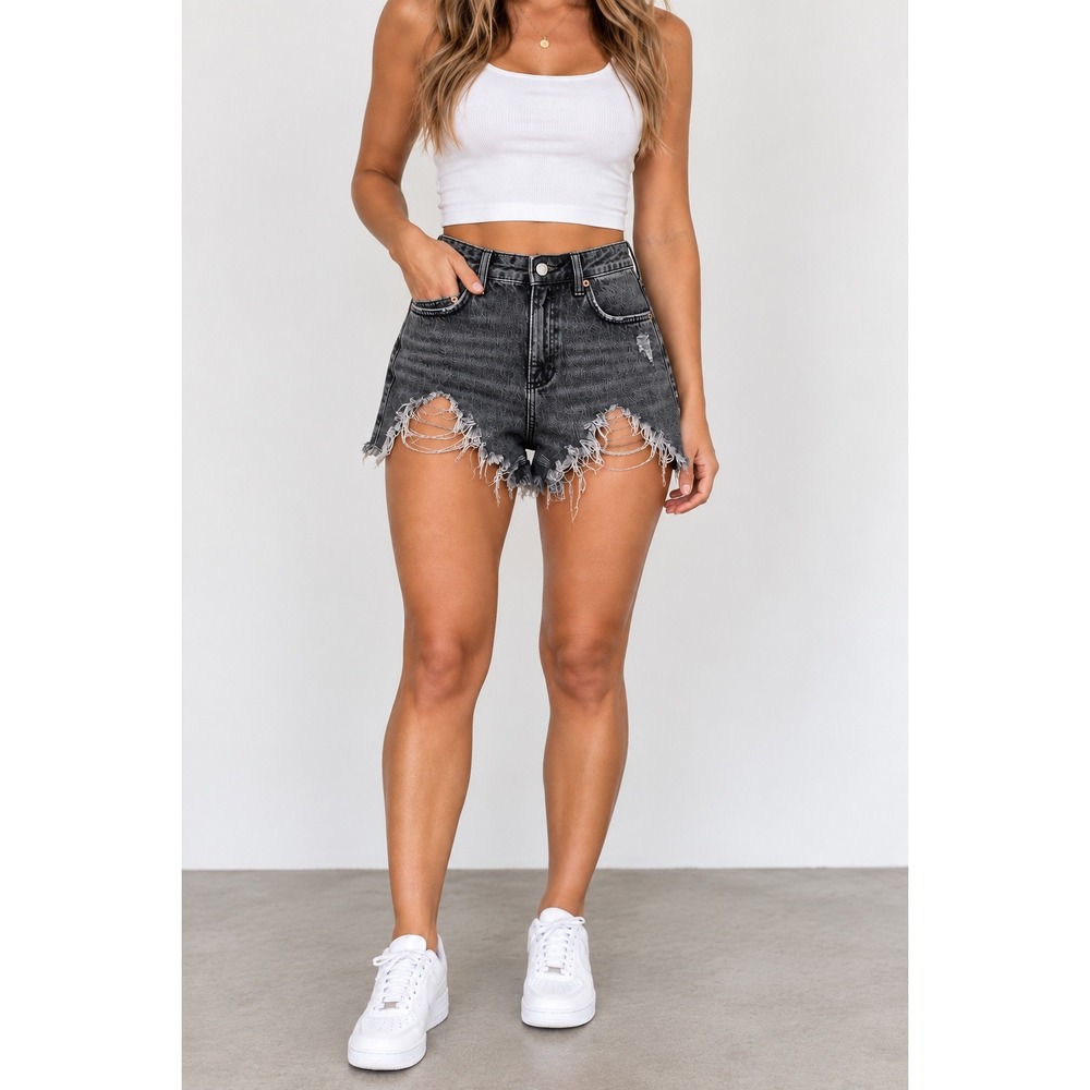 Topshop Moto Black Distressed High Rise Denim Shorts Size 4
